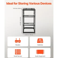 VEVOR 20U Open Frame Network Rack, 23 in Depth, Wall Mounted or Floor Standing Server Rack, Heavy Duty 4 Post, with Vented Shelves & Mounting Hardware, Holds All Your Networking IT Equipment AV Gear