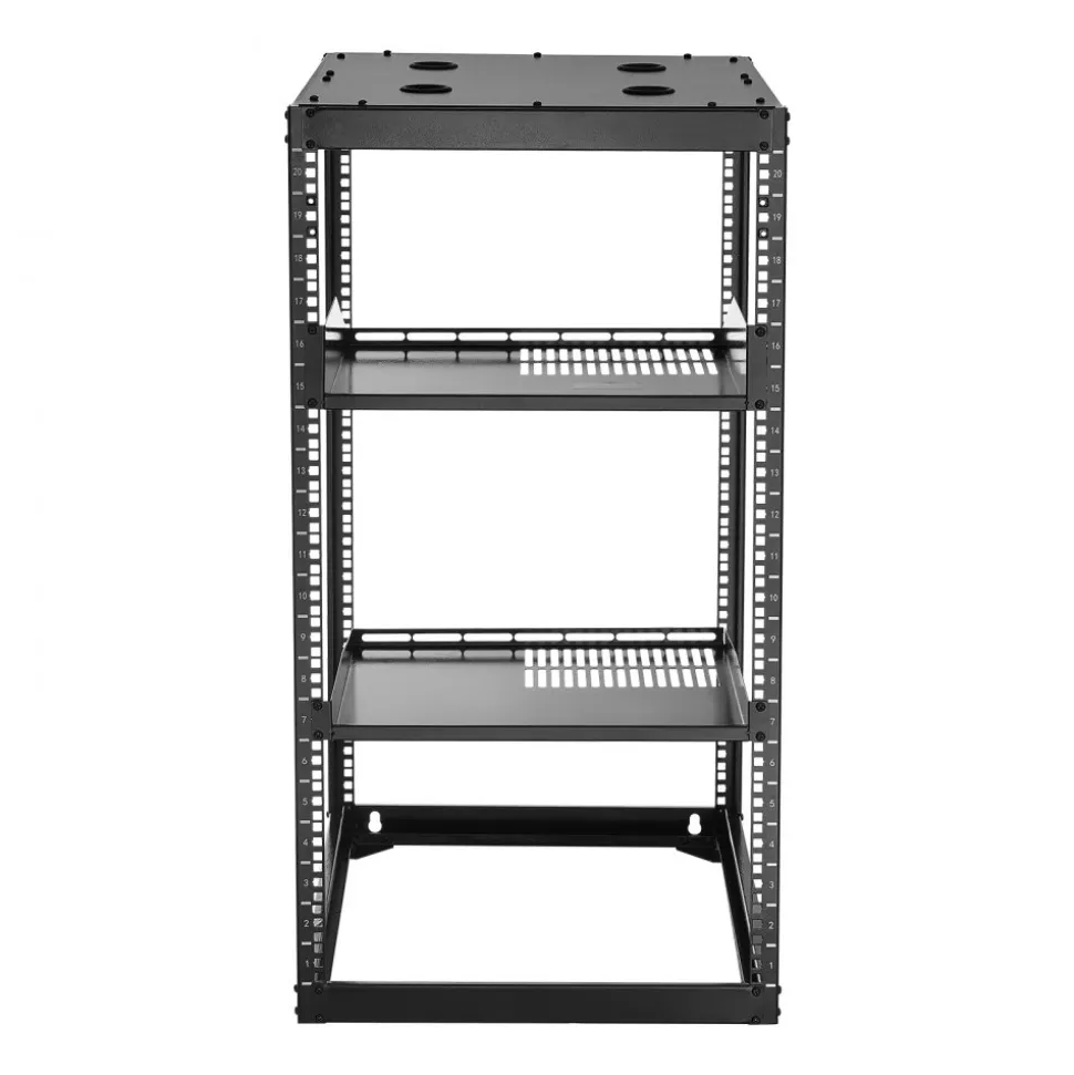 VEVOR 20U Open Frame Network Rack, 23 in Depth, Wall Mounted or Floor Standing Server Rack, Heavy Duty 4 Post, with Vented Shelves & Mounting Hardware, Holds All Your Networking IT Equipment AV Gear