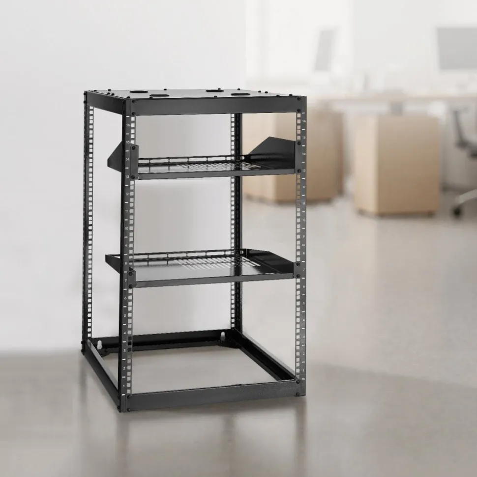 VEVOR 16U Open Frame Network Rack, 23 in Depth, Wall Mounted or Floor Standing Server Rack, Heavy Duty 4 Post, with Vented Shelves & Mounting Hardware, Holds All Your Networking IT Equipment AV Gear