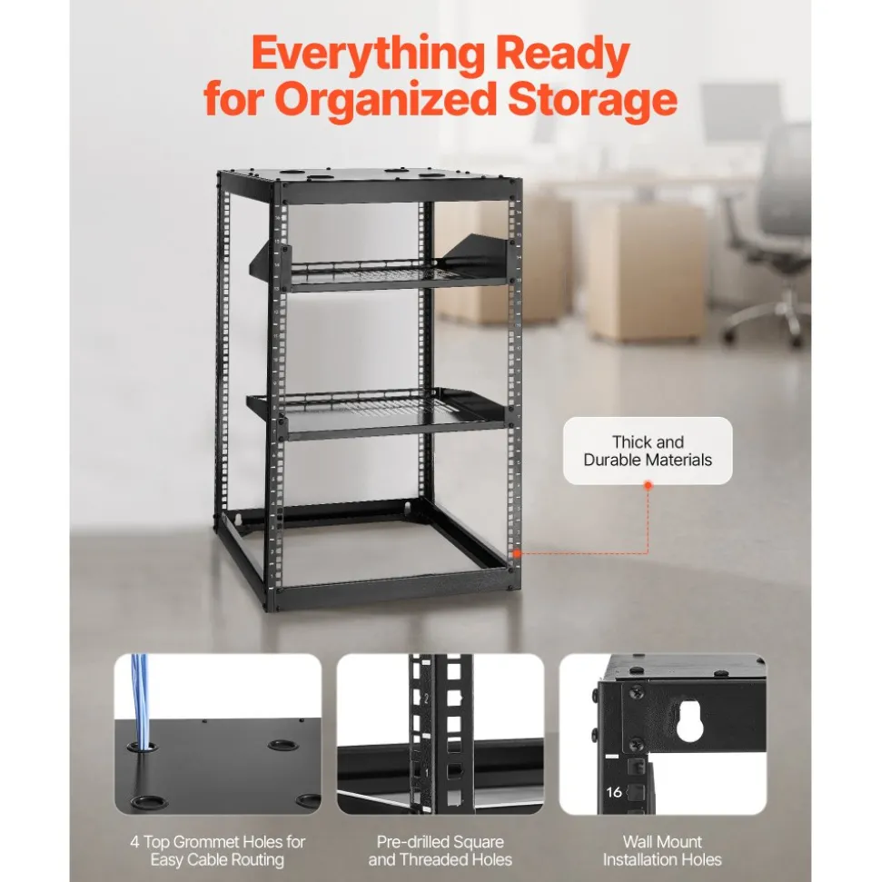 VEVOR 16U Open Frame Network Rack, 23 in Depth, Wall Mounted or Floor Standing Server Rack, Heavy Duty 4 Post, with Vented Shelves & Mounting Hardware, Holds All Your Networking IT Equipment AV Gear