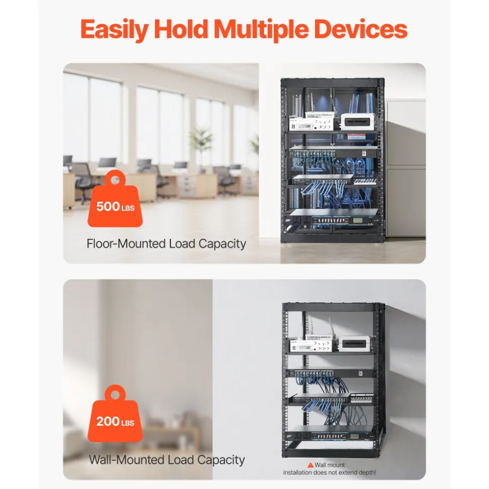 VEVOR 16U Open Frame Network Rack, 23 in Depth, Wall Mounted or Floor Standing Server Rack, Heavy Duty 4 Post, with Vented Shelves & Mounting Hardware, Holds All Your Networking IT Equipment AV Gear