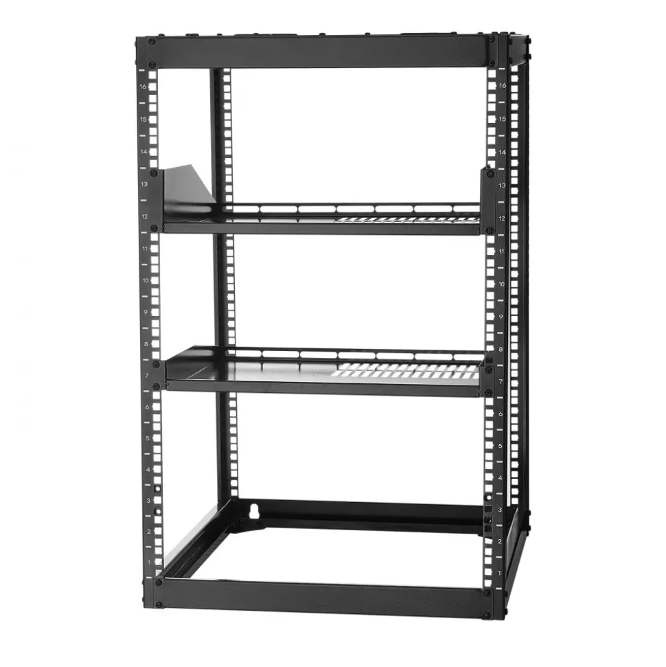 VEVOR 16U Open Frame Network Rack, 23 in Depth, Wall Mounted or Floor Standing Server Rack, Heavy Duty 4 Post, with Vented Shelves & Mounting Hardware, Holds All Your Networking IT Equipment AV Gear