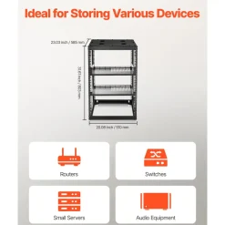 VEVOR 16U Open Frame Network Rack, 23 in Depth, Wall Mounted or Floor Standing Server Rack, Heavy Duty 4 Post, with Vented Shelves & Mounting Hardware, Holds All Your Networking IT Equipment AV Gear