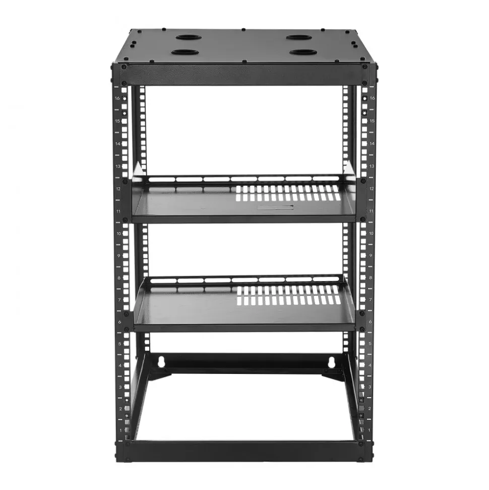 VEVOR 16U Open Frame Network Rack, 23 in Depth, Wall Mounted or Floor Standing Server Rack, Heavy Duty 4 Post, with Vented Shelves & Mounting Hardware, Holds All Your Networking IT Equipment AV Gear