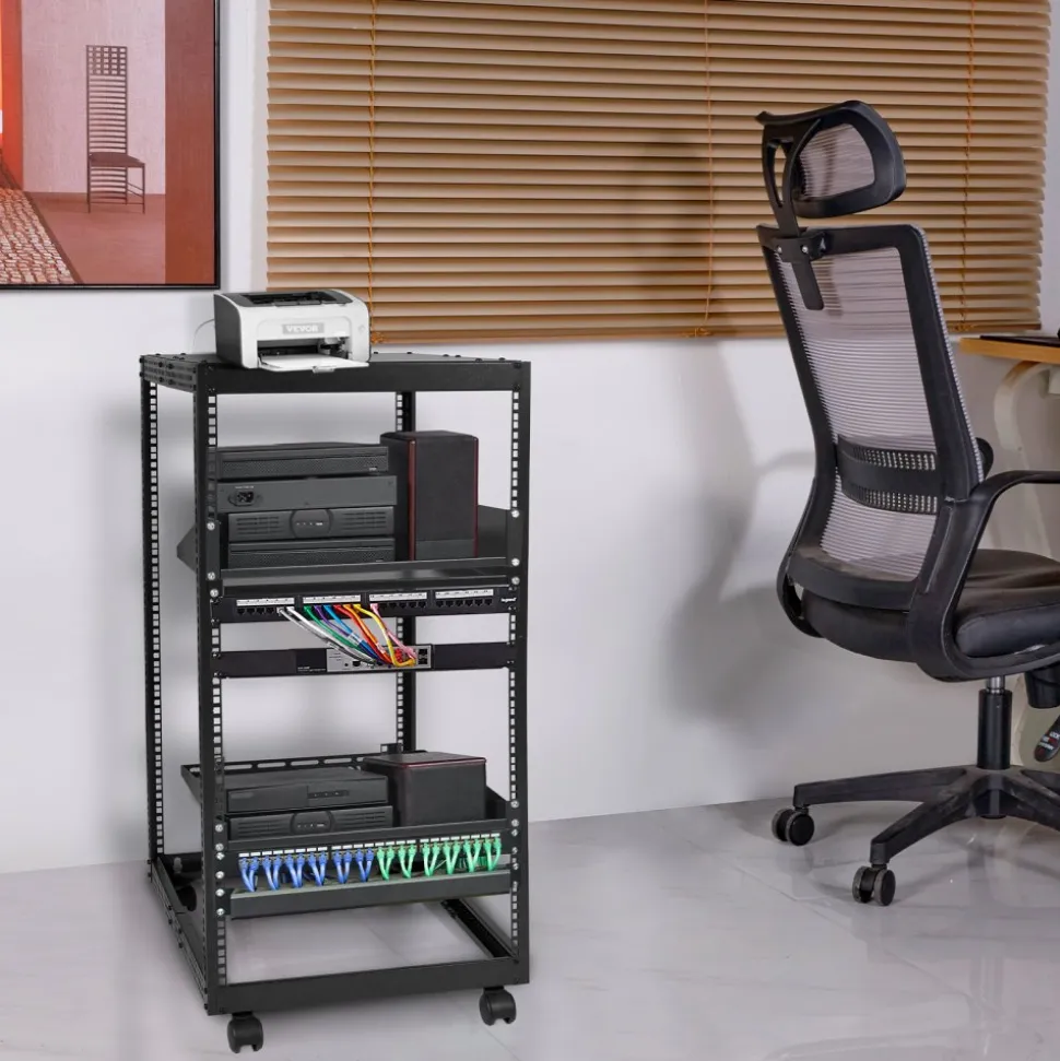 VEVOR 20U Open Frame Server Rack, 23-40 in Adjustable Depth, Free Standing or Wall Mount Network Server Rack, 4 Post AV Rack with Casters, Holds All Your Networking IT Equipment AV Gear Router Modem