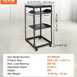 VEVOR 20U Open Frame Server Rack, 23-40 in Adjustable Depth, Free Standing or Wall Mount Network Server Rack, 4 Post AV Rack with Casters, Holds All Your Networking IT Equipment AV Gear Router Modem