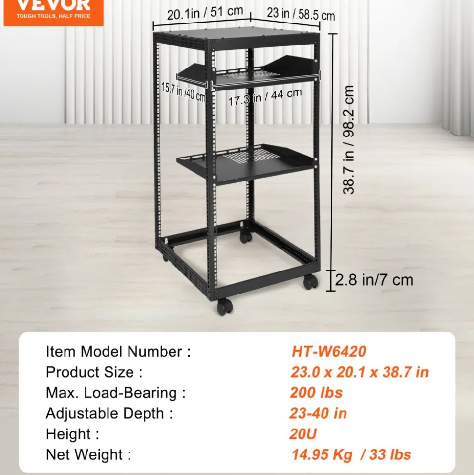 VEVOR 20U Open Frame Server Rack, 23-40 in Adjustable Depth, Free Standing or Wall Mount Network Server Rack, 4 Post AV Rack with Casters, Holds All Your Networking IT Equipment AV Gear Router Modem