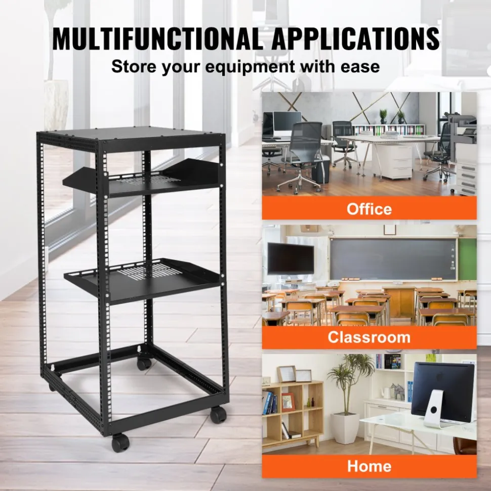 VEVOR 20U Open Frame Server Rack, 23-40 in Adjustable Depth, Free Standing or Wall Mount Network Server Rack, 4 Post AV Rack with Casters, Holds All Your Networking IT Equipment AV Gear Router Modem