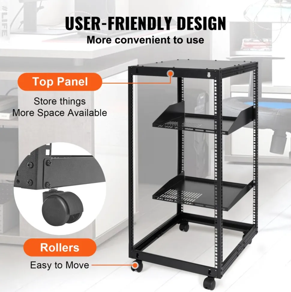 VEVOR 20U Open Frame Server Rack, 23-40 in Adjustable Depth, Free Standing or Wall Mount Network Server Rack, 4 Post AV Rack with Casters, Holds All Your Networking IT Equipment AV Gear Router Modem