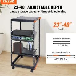 VEVOR 20U Open Frame Server Rack, 23-40 in Adjustable Depth, Free Standing or Wall Mount Network Server Rack, 4 Post AV Rack with Casters, Holds All Your Networking IT Equipment AV Gear Router Modem