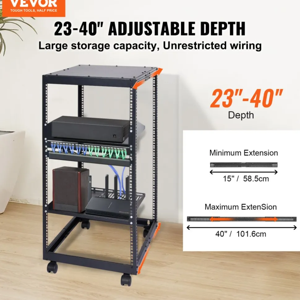 VEVOR 20U Open Frame Server Rack, 23-40 in Adjustable Depth, Free Standing or Wall Mount Network Server Rack, 4 Post AV Rack with Casters, Holds All Your Networking IT Equipment AV Gear Router Modem