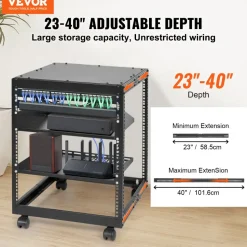 VEVOR 12U Open Frame Server Rack, 23-40 in Adjustable Depth, Free Standing or Wall Mount Network Server Rack, 4 Post AV Rack with Casters, Holds All Your Networking IT Equipment AV Gear Router Modem