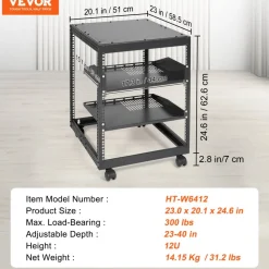 VEVOR 12U Open Frame Server Rack, 23-40 in Adjustable Depth, Free Standing or Wall Mount Network Server Rack, 4 Post AV Rack with Casters, Holds All Your Networking IT Equipment AV Gear Router Modem