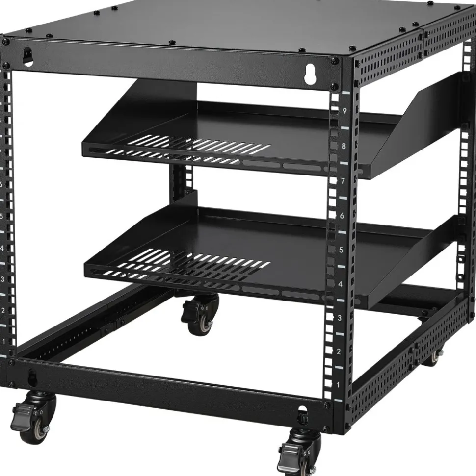 VEVOR 9U Open Frame Server Rack, 23''-40'' Adjustable Depth, Free Standing or Wall Mount Network Server Rack with 360° Casters, Heavy Duty 4 Post Holds All Your Networking IT Equipment AV Gear Router