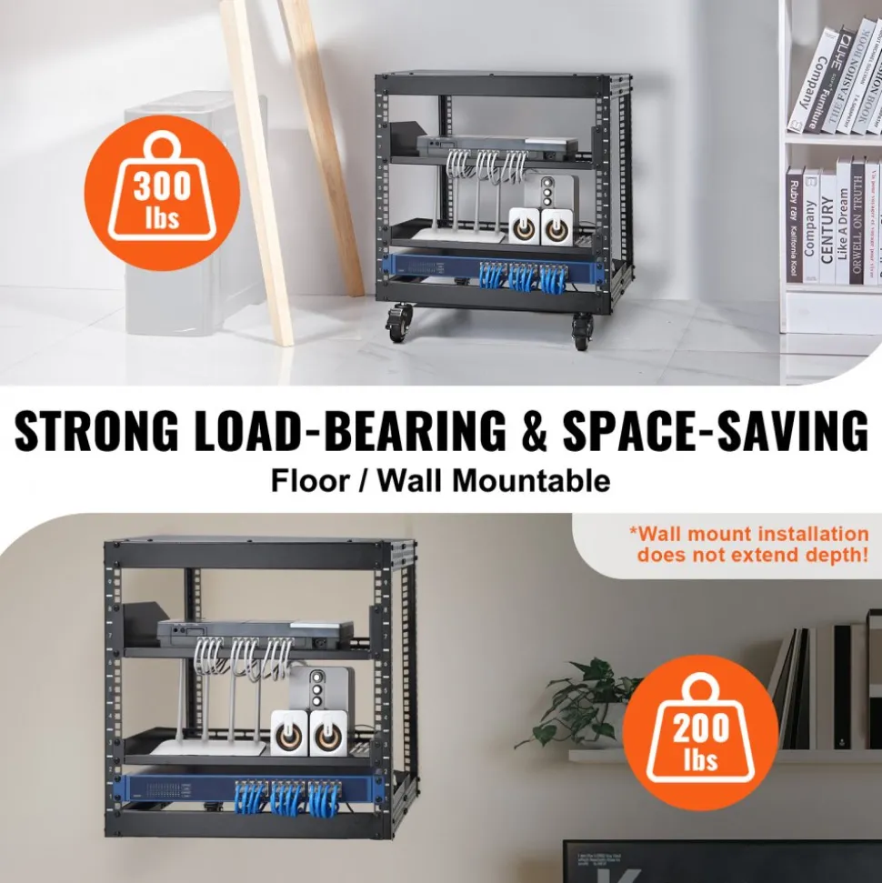 VEVOR 9U Open Frame Server Rack, 23''-40'' Adjustable Depth, Free Standing or Wall Mount Network Server Rack with 360° Casters, Heavy Duty 4 Post Holds All Your Networking IT Equipment AV Gear Router