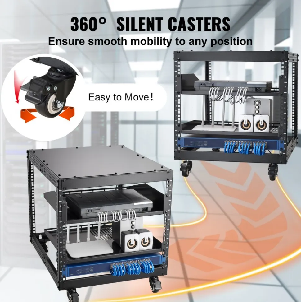 VEVOR 9U Open Frame Server Rack, 23''-40'' Adjustable Depth, Free Standing or Wall Mount Network Server Rack with 360° Casters, Heavy Duty 4 Post Holds All Your Networking IT Equipment AV Gear Router