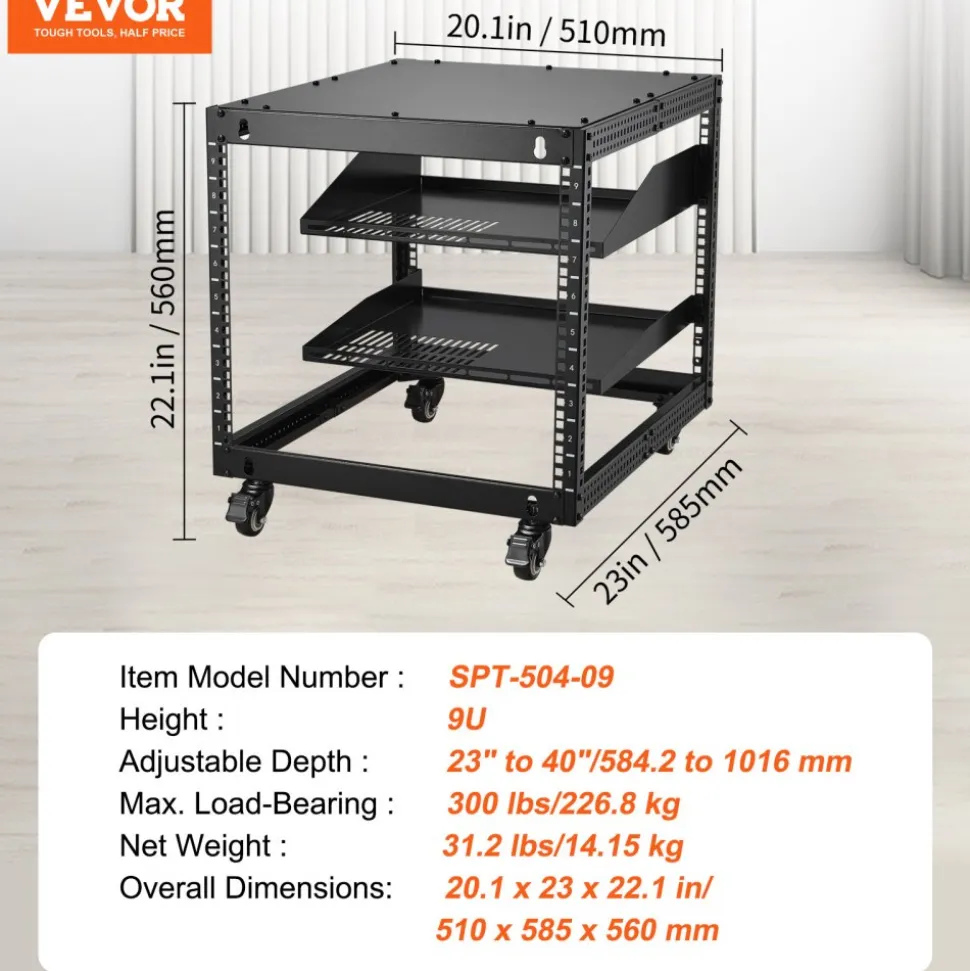 VEVOR 9U Open Frame Server Rack, 23''-40'' Adjustable Depth, Free Standing or Wall Mount Network Server Rack with 360° Casters, Heavy Duty 4 Post Holds All Your Networking IT Equipment AV Gear Router