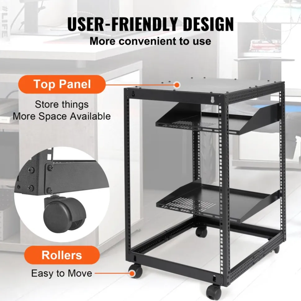 VEVOR 15U Open Frame Server Rack, 23-40 in Adjustable Depth, Free Standing or Wall Mount Network Server Rack, 4 Post AV Rack with Casters, Holds All Your Networking IT Equipment AV Gear Router Modem