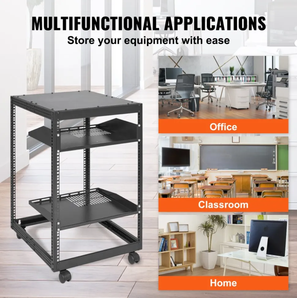 VEVOR 15U Open Frame Server Rack, 23-40 in Adjustable Depth, Free Standing or Wall Mount Network Server Rack, 4 Post AV Rack with Casters, Holds All Your Networking IT Equipment AV Gear Router Modem