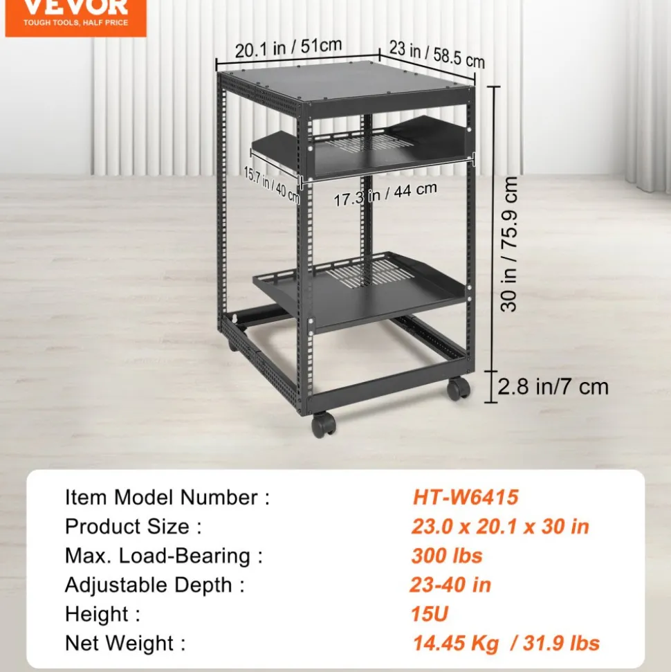 VEVOR 15U Open Frame Server Rack, 23-40 in Adjustable Depth, Free Standing or Wall Mount Network Server Rack, 4 Post AV Rack with Casters, Holds All Your Networking IT Equipment AV Gear Router Modem