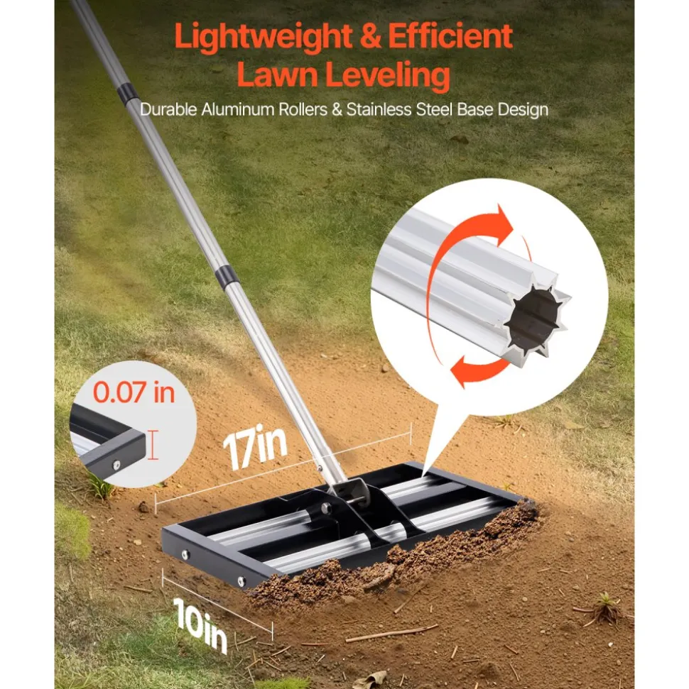 VEVOR Updated Lawn Leveling Rake with Roller, 17" x 10" Stainless Steel Lawn Leveler with 63.4" Adjustable Handle, Heavy Duty Yard Leveling Rake, Effort Saving Lawn Leveling Tool for Yard Golf Court