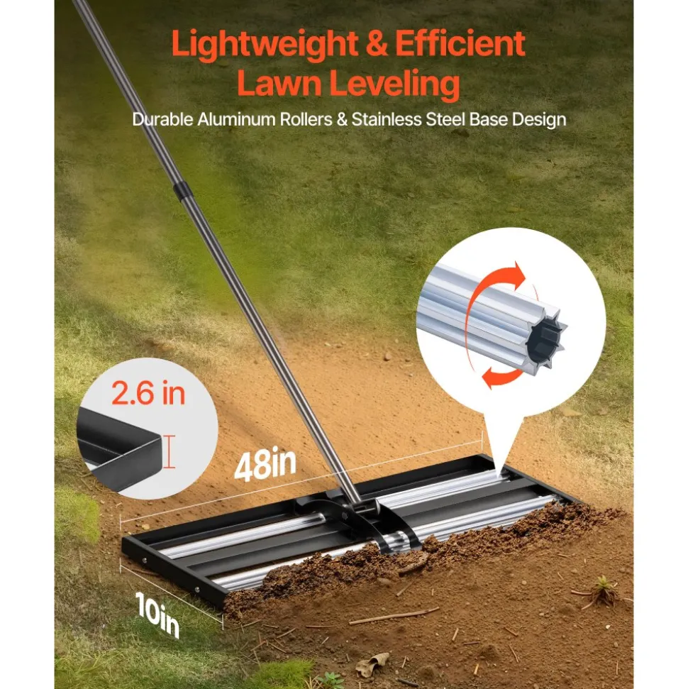 VEVOR Updated Lawn Leveling Rake with Roller, 48'' x 10" Stainless Steel Lawn Leveler with 83.9'' Adjustable Handle, Heavy Duty Yard Leveling Rake, Effort Saving Lawn Leveling Tool for Yard Golf Court