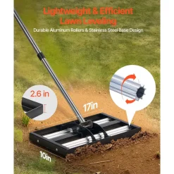VEVOR Updated Lawn Leveling Rake with Roller, 17" x 10" Stainless Steel Lawn Leveler with 63.4" Adjustable Handle, Heavy Duty Yard Leveling Rake, Effort Saving Lawn Leveling Tool for Yard Golf Court