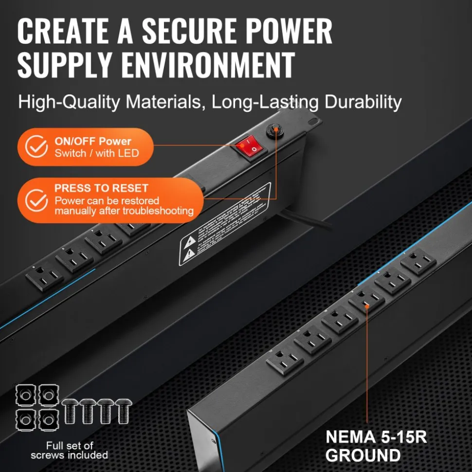 VEVOR 1U PDU, 12 Outlets, Rack Mount Power Strip Fits Standard 19" Server Racks, with Integrated Switch Surge Protection & Overload Protection, 110-125V/15A, Ideal for Home and Office