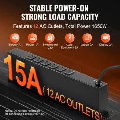 VEVOR 1U PDU, 12 Outlets, Rack Mount Power Strip Fits Standard 19