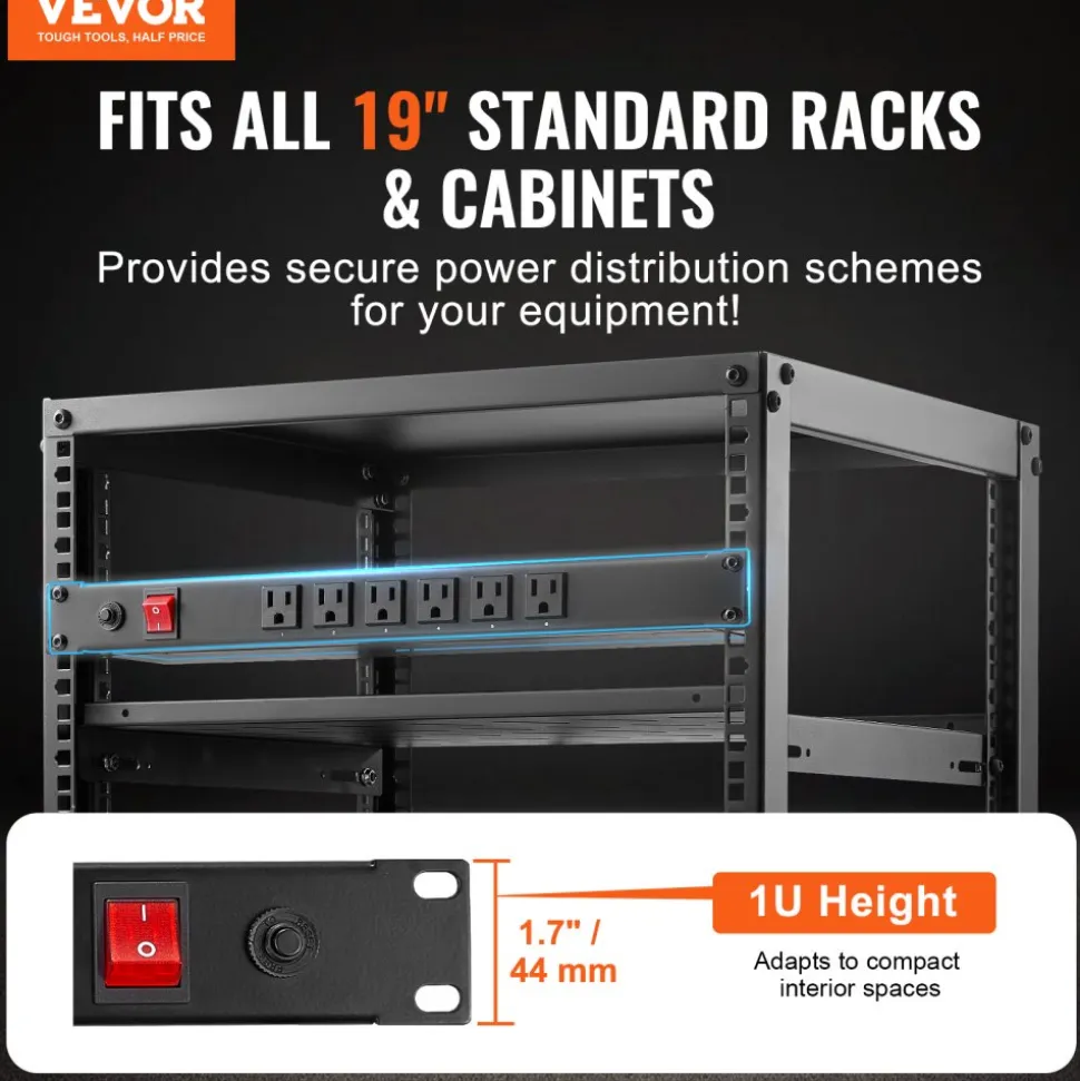 VEVOR 1U PDU, 12 Outlets, Rack Mount Power Strip Fits Standard 19" Server Racks, with Integrated Switch Surge Protection & Overload Protection, 110-125V/15A, Ideal for Home and Office