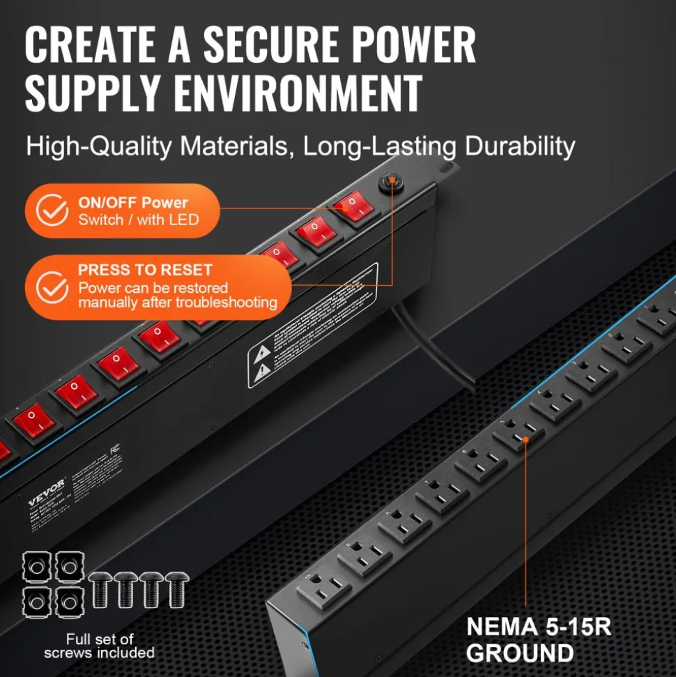 VEVOR 1U PDU, 10 Outlets, Rack Mount Power Strip Fits Standard 19" Server Racks, with Independent Switch Surge Protection & Overload Protection, 110-125V/15A, Ideal for Home and Office