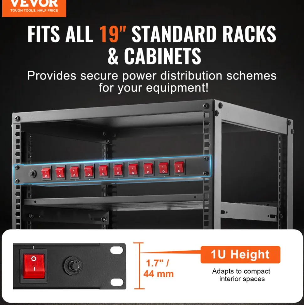 VEVOR 1U PDU, 10 Outlets, Rack Mount Power Strip Fits Standard 19" Server Racks, with Independent Switch Surge Protection & Overload Protection, 110-125V/15A, Ideal for Home and Office