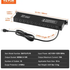 VEVOR 1U PDU, 10 Outlets, Rack Mount Power Strip Fits Standard 19