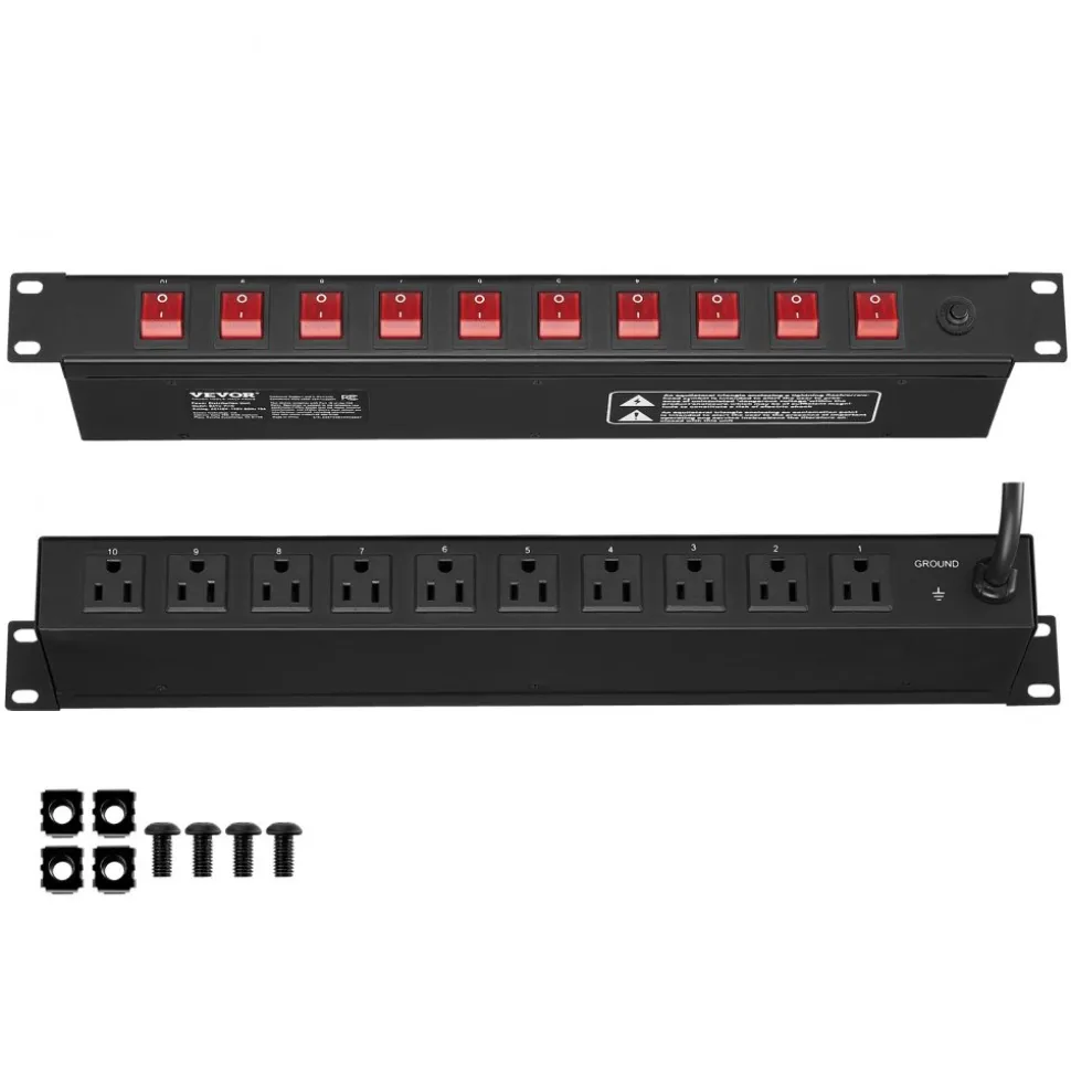 VEVOR 1U PDU, 10 Outlets, Rack Mount Power Strip Fits Standard 19" Server Racks, with Independent Switch Surge Protection & Overload Protection, 110-125V/15A, Ideal for Home and Office