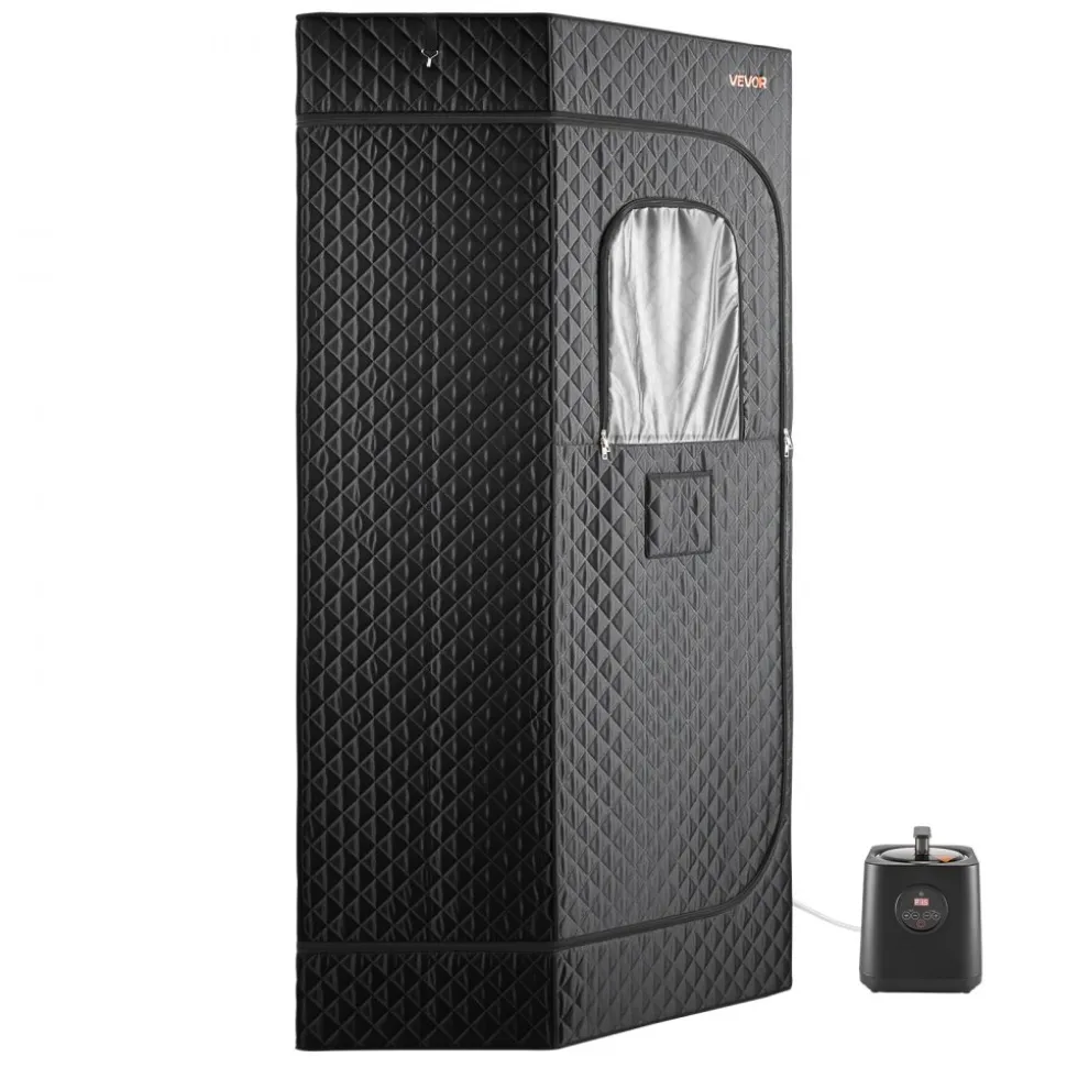 VEVOR Upgraded Portable Steam Sauna for Home, 1 Person Full Body Home Spa Tent with Steamer & 1 Foldable Chairs & Remote & Essential Oil Box,Heavy-Duty Stainless Steel Sauna Box, (Black,Pentagon)