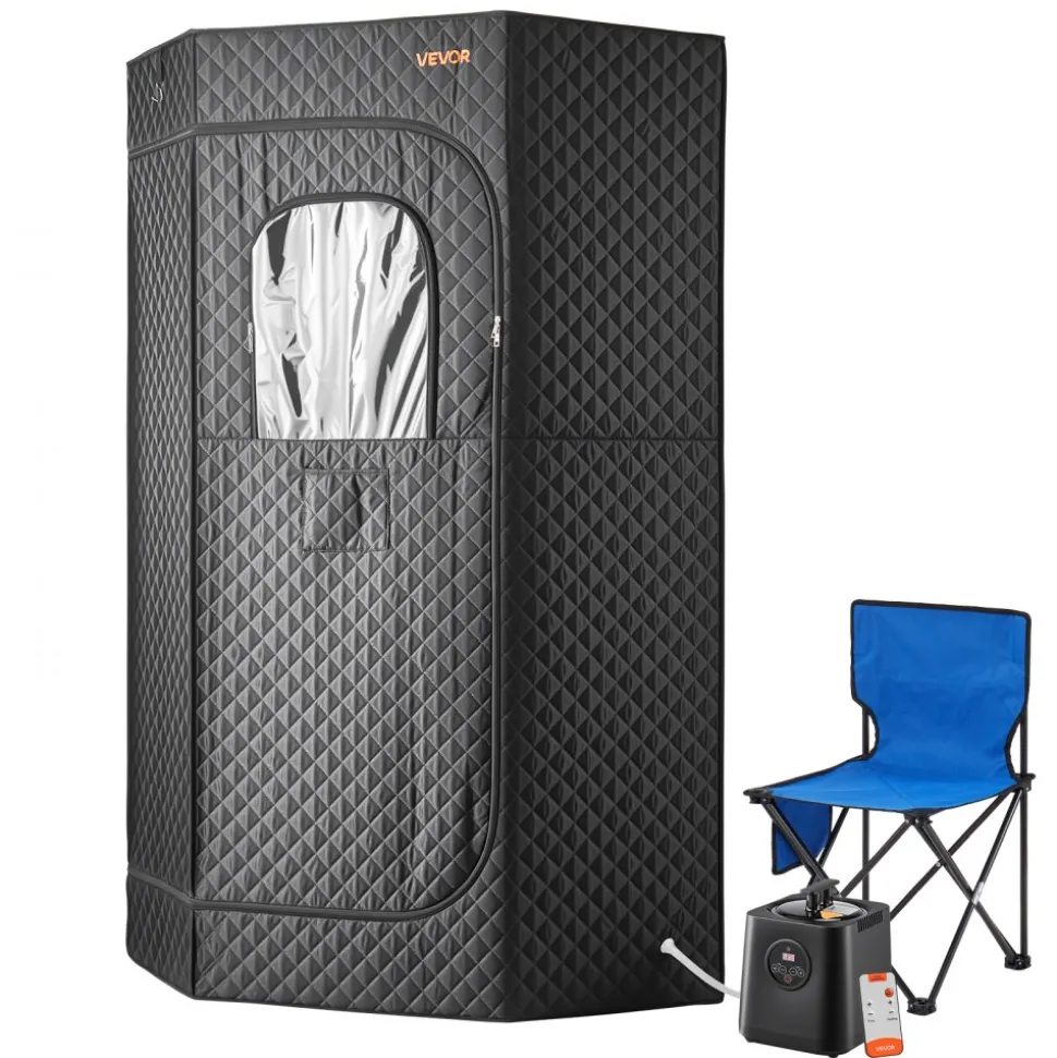 VEVOR Upgraded Portable Steam Sauna for Home, 1 Person Full Body Home Spa Tent with Steamer & 1 Foldable Chairs & Remote & Essential Oil Box,Heavy-Duty Stainless Steel Sauna Box, (Black,Pentagon)