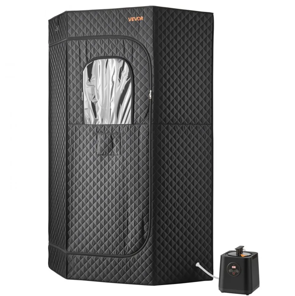 VEVOR Upgraded Portable Steam Sauna for Home, 1 Person Full Body Home Spa Tent with Steamer & 1 Foldable Chairs & Remote & Essential Oil Box,Heavy-Duty Stainless Steel Sauna Box, (Black,Pentagon)