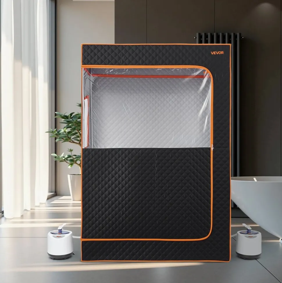 VEVOR Upgraded Portable Steam Sauna for Home, 2 Person Full Body Home Spa Tent with Steamer & 2 Foldable Chairs & Remote & 2 Essential Oil Boxes,Heavy-Duty Stainless Steel Frame Sauna Box, (Black)