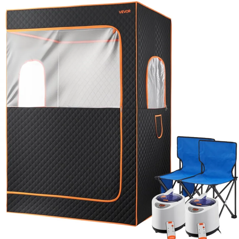 VEVOR Upgraded Portable Steam Sauna for Home, 2 Person Full Body Home Spa Tent with Steamer & 2 Foldable Chairs & Remote & 2 Essential Oil Boxes,Heavy-Duty Stainless Steel Frame Sauna Box, (Black)