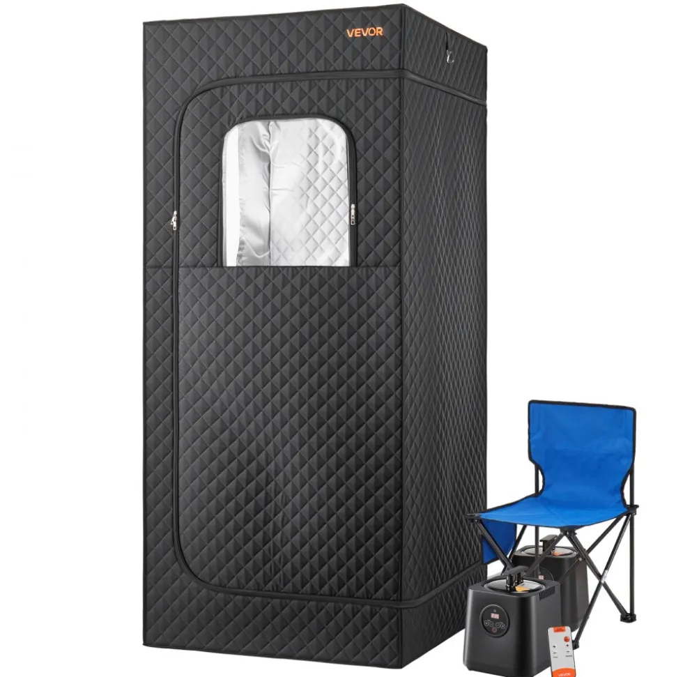 VEVOR Upgraded Portable Steam Sauna for Home, 1 Person Full Body Home Spa Tent with Steamer & 1 Foldable Chairs & Remote & Essential Oil Box,Heavy-Duty Stainless Steel Frame Sauna Box, (Black)