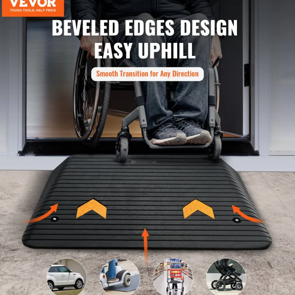 VEVOR Upgraded Rubber Threshold Ramp, 4" Rise Door Ramp with 1 Channel, Natural Rubber Car Ramp with Non-Slip Textured Surface, 33069 lbs Load Capacity Curb Ramp for Wheelchair and Scooter
