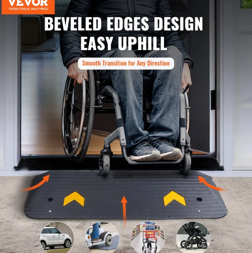 VEVOR Upgraded Rubber Threshold Ramp, 1.5" Rise Wheelchair Ramp Doorway, Natural Curb Ramp Rated 33069 lbs Load Capacity, Non-Slip Textured Surface Rubber Curb Ramp for Wheelchair and Scooter