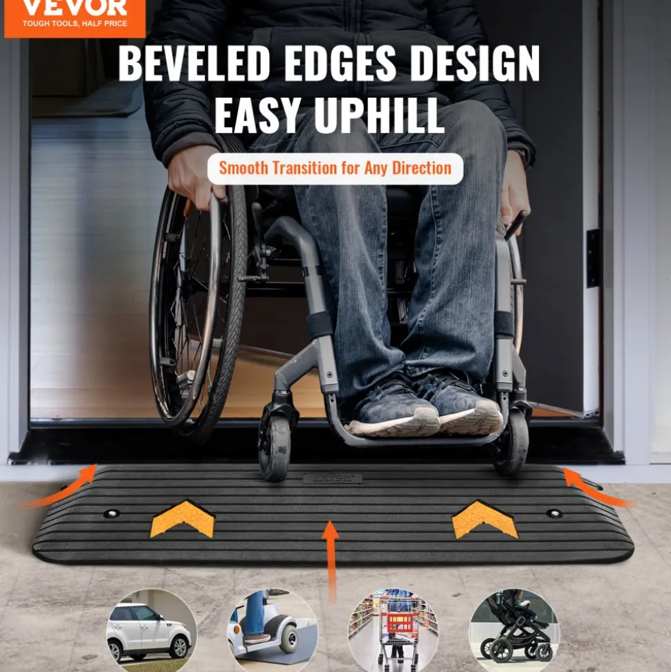 VEVOR Upgraded Rubber Threshold Ramp, 1" Rise Wheelchair Ramp Doorway, Natural Curb Ramp Rated 33069 lbs Load Capacity, Non-Slip Textured Surface Rubber Curb Ramp for Wheelchair and Scooter