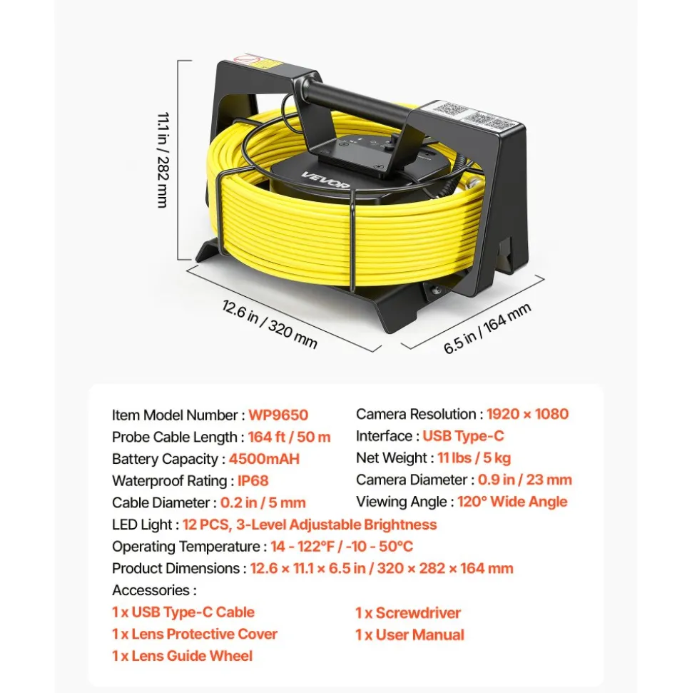 VEVOR 2026 Upgraded Sewer Camera with WiFi, 164ft/50m Drain Pipeline Camera, IP68 Snake Plumbing Cameras with Light - 12 LEDS, Wireless WiFi Connectivity to Phone/Tablet for Sewer Duct Pipe Inspection