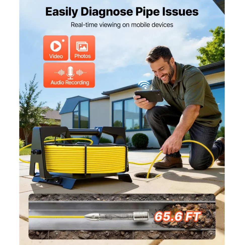 VEVOR 2026 Upgraded Sewer Camera with WiFi, 65.6ft/20m Drain Pipeline Camera, IP68 Snake Plumbing Cameras with Light- 12 LEDS, Wireless WiFi Connectivity to Phone/Tablet for Sewer Duct Pipe Inspection