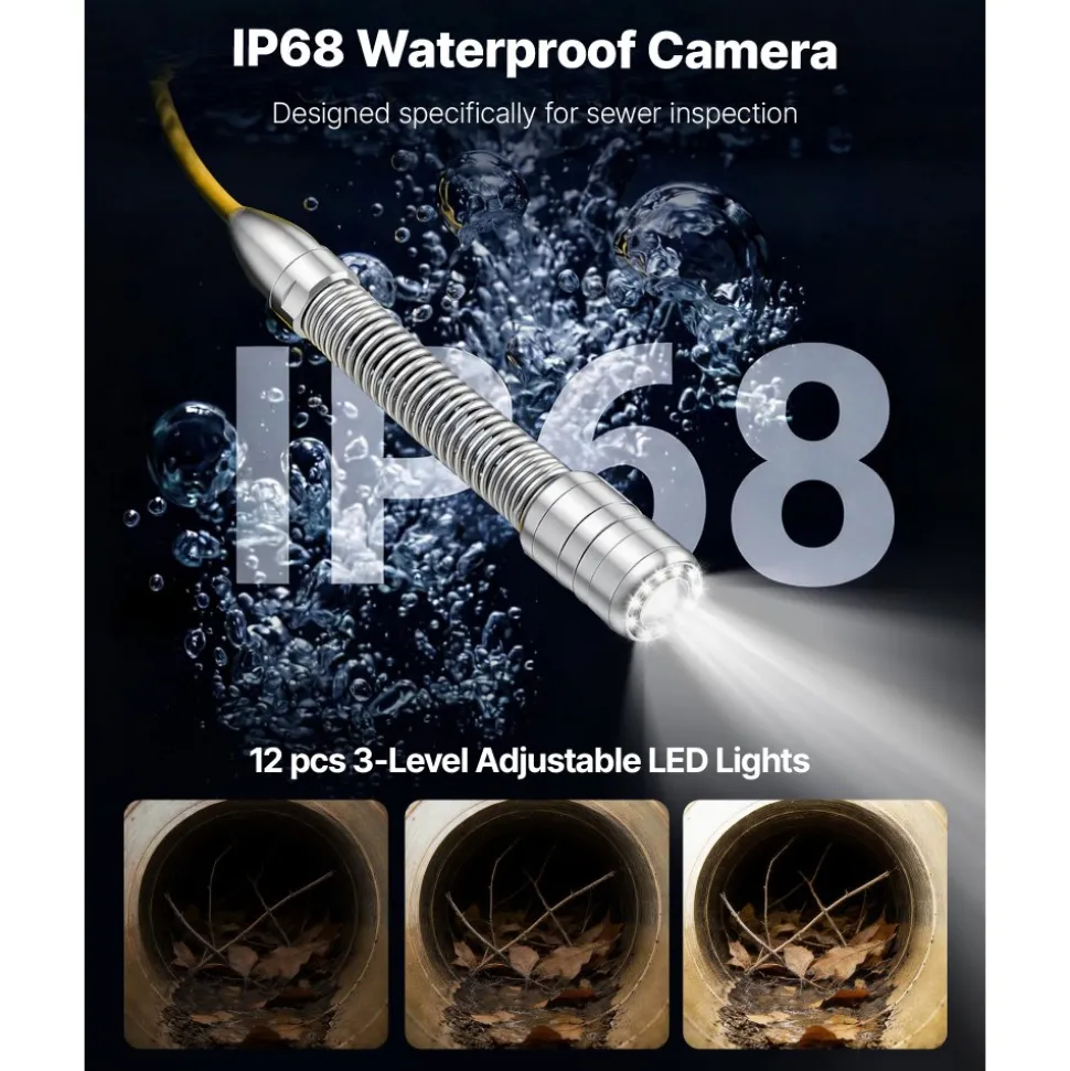 VEVOR 2026 Upgraded Sewer Camera with WiFi, 65.6ft/20m Drain Pipeline Camera, IP68 Snake Plumbing Cameras with Light- 12 LEDS, Wireless WiFi Connectivity to Phone/Tablet for Sewer Duct Pipe Inspection