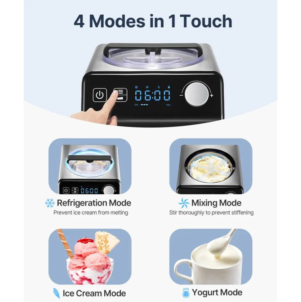 VEVOR Upright Automatic Ice Cream Maker with Built-in Compressor, 1 Quart No Pre-freezing Gelato Maker & Frozen Yogurt Machine, 4 Modes Electric Sorbet-Maker, Compressor Ice Cream Machine for Home