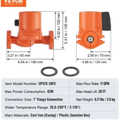 VEVOR UPS15-58FC Hot Water Recirculating Pump, 110V, 82W 17 GPM Hot Water Circulation Pump, 1