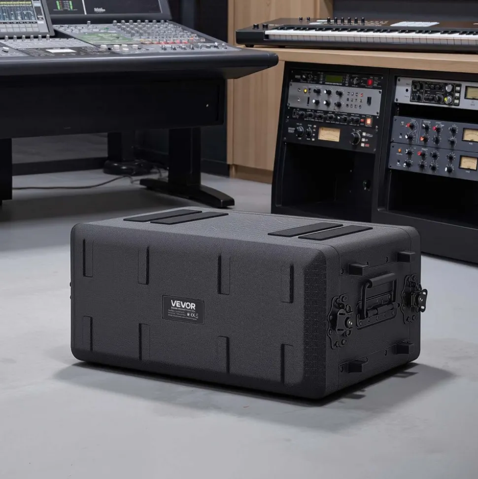 VEVOR 4U Rack Case, 12 in Depth, Rackmount Flight Case Shallow Rack with Microphone Compartment, Polyethylene Construction, Recessed Latches, Easy Installation, for Amplifier, 8.7 in Internal Depth