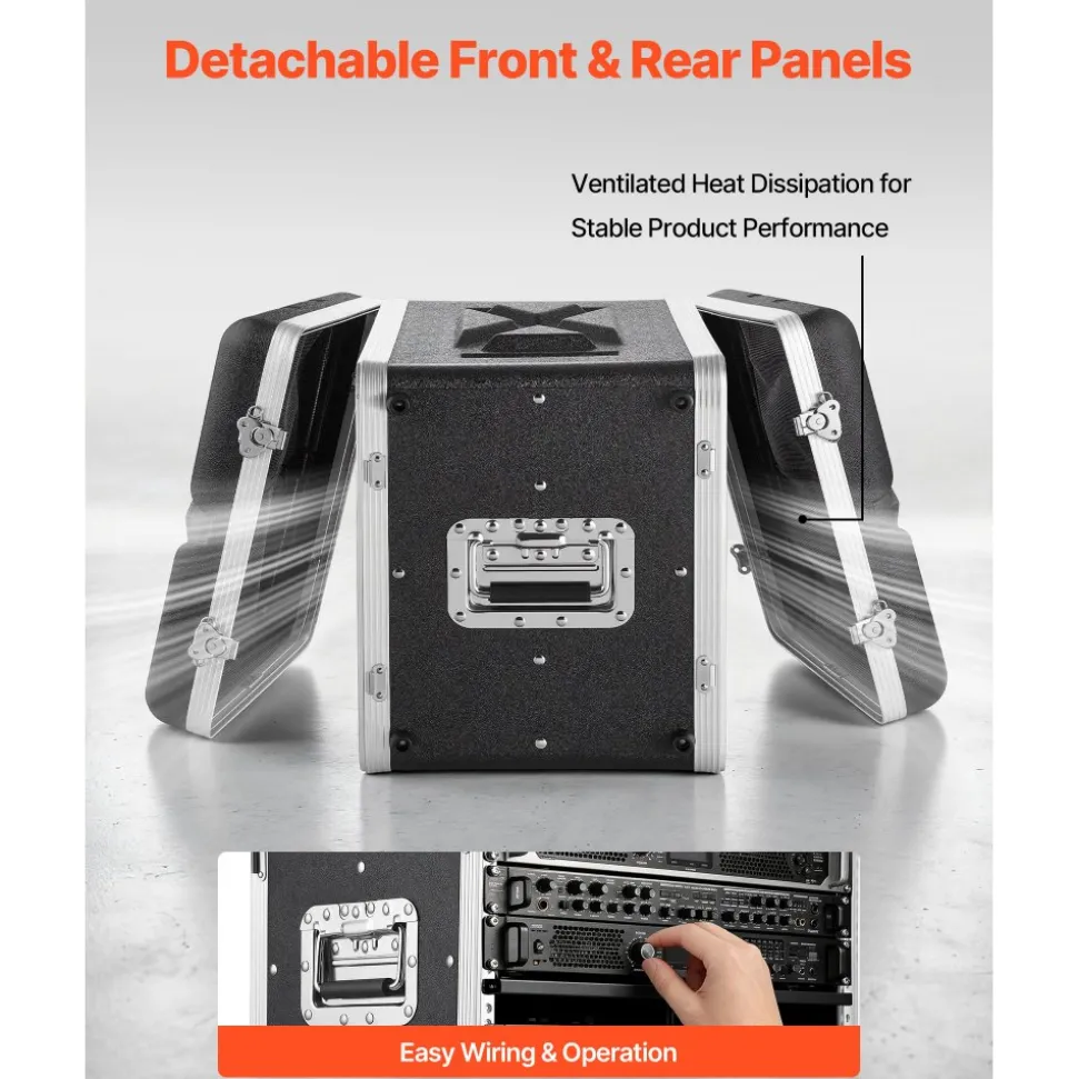 VEVOR 8U Rack Case, 14 in Depth, Server Rack Cabinet Shallow with ABS Construction, Recessed Twist Latches, Detachable Front & Back Cover, Easy Installation, for Amplifier, 11.4 in Internal Depth